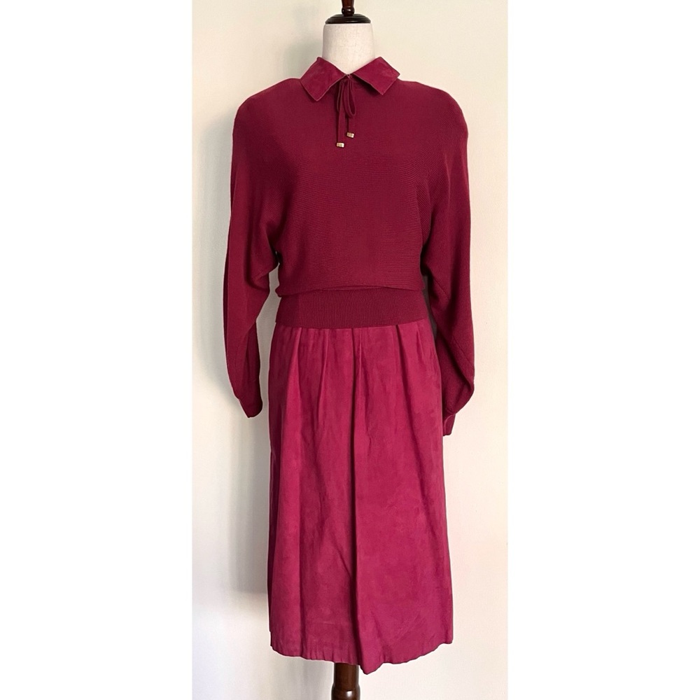 Vintage 80s Neiman Marcus Sweater Suede Dress w/ Collar Embelished Sleeves Sz L
